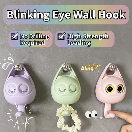 Three colorful 'Blinking Eye' wall hooks on a gray background with text highlighting features.