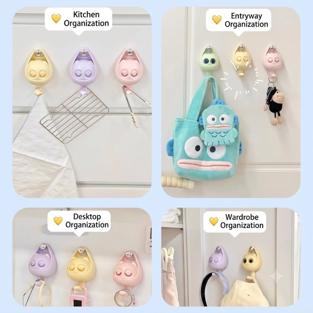Set of cartoon character hooks for kitchen, entryway, desktop, and wardrobe organization.